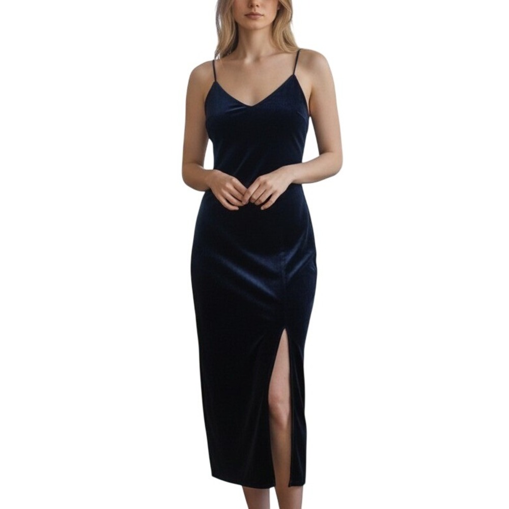 Zara Navy Blue Velvet Midi Slip Dress Open‎ Back V-Neck Side Slit Size Medium